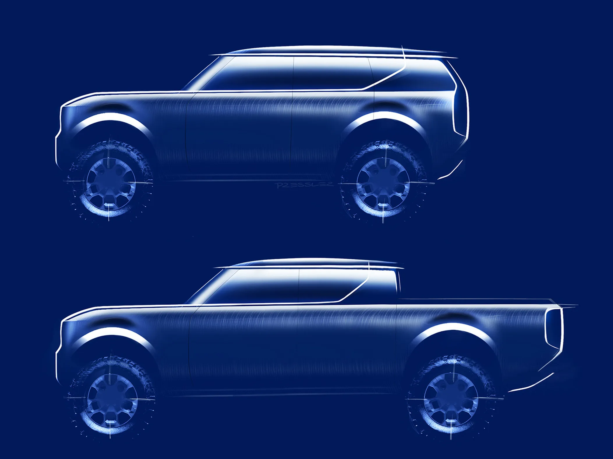 Renderings of Scout brand SUV and pickup.