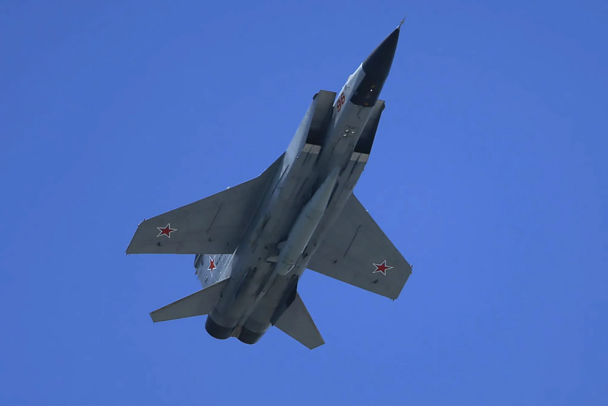 MIG-31k fighter jet, with Kinzhal missile system, performs during Victory Day in Red Square.&nbsp;