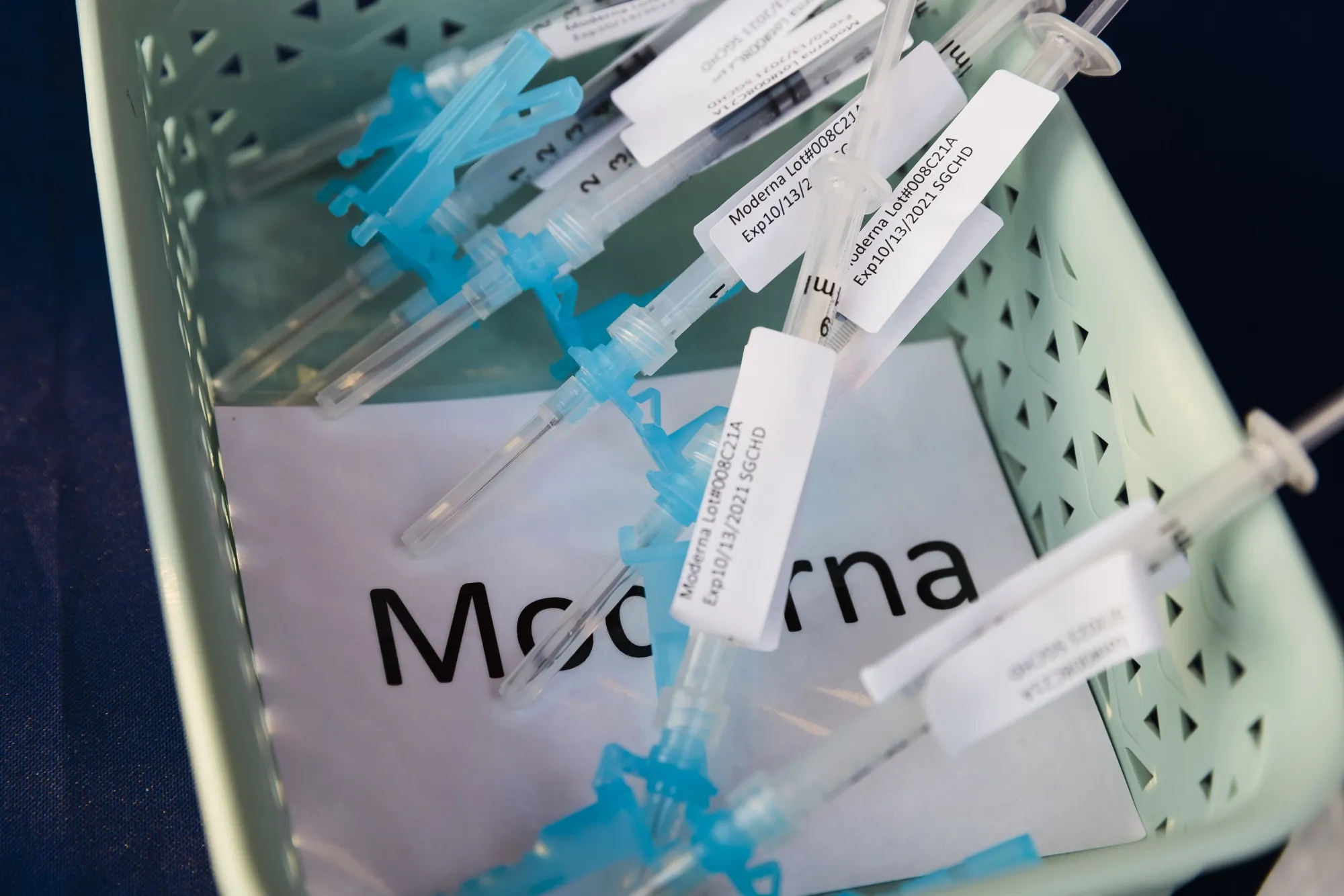 Moderna Covid-19 vaccine doses at a pop up vaccination site.