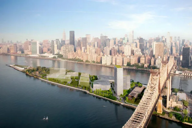 A digital rendering of the new Cornell campus on Roosevelt Island in New York City.