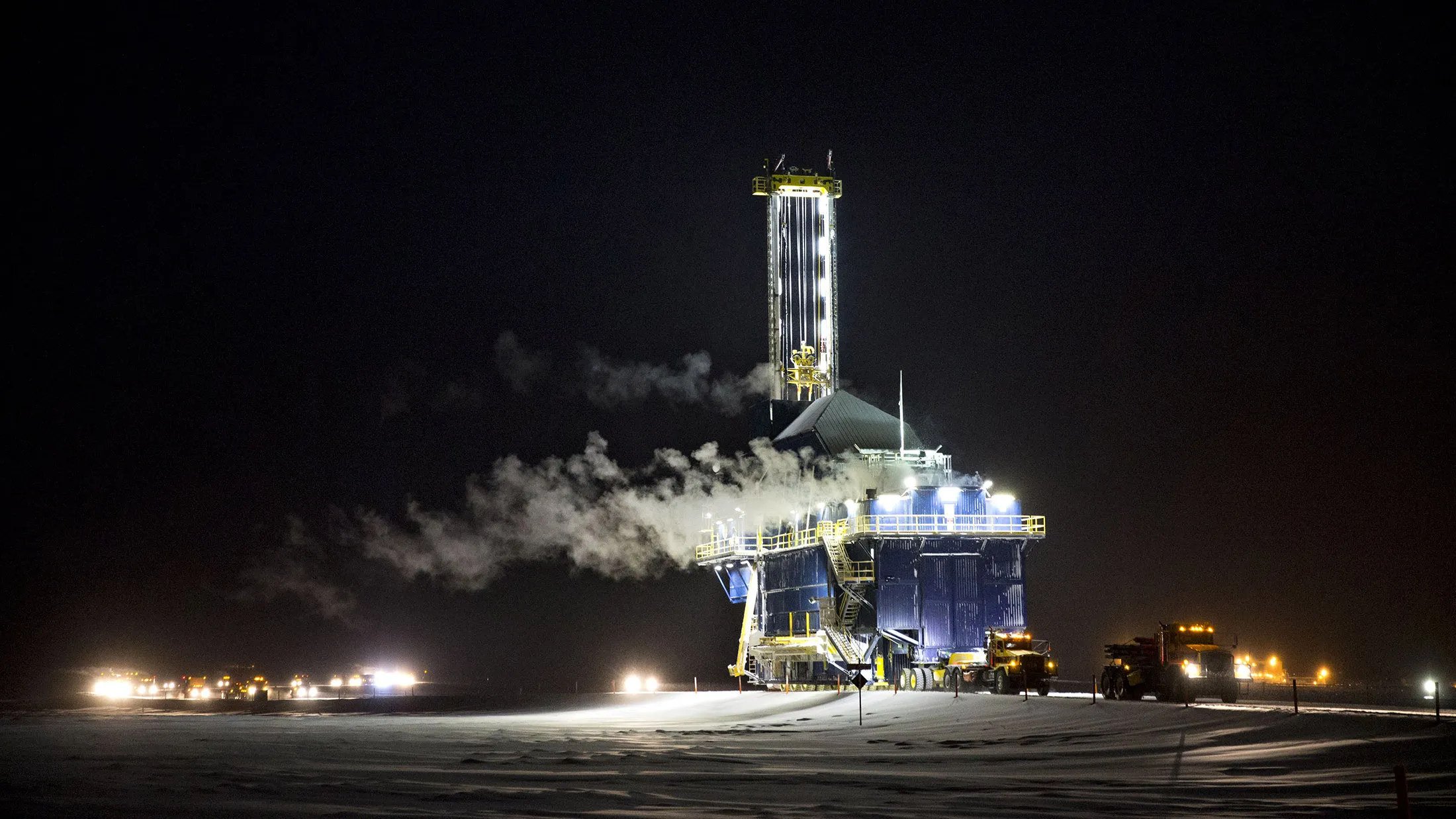 The Nabors Alaska Drilling CDR2 AC oil drill rig, an Arctic coiled-tubing drilling rig capable of drilling either conventionally or with coiled tubing, is moved along a road in the North Slope in Prudhoe Bay, Alaska, U.S., on Thursday, February 16, 2017.
