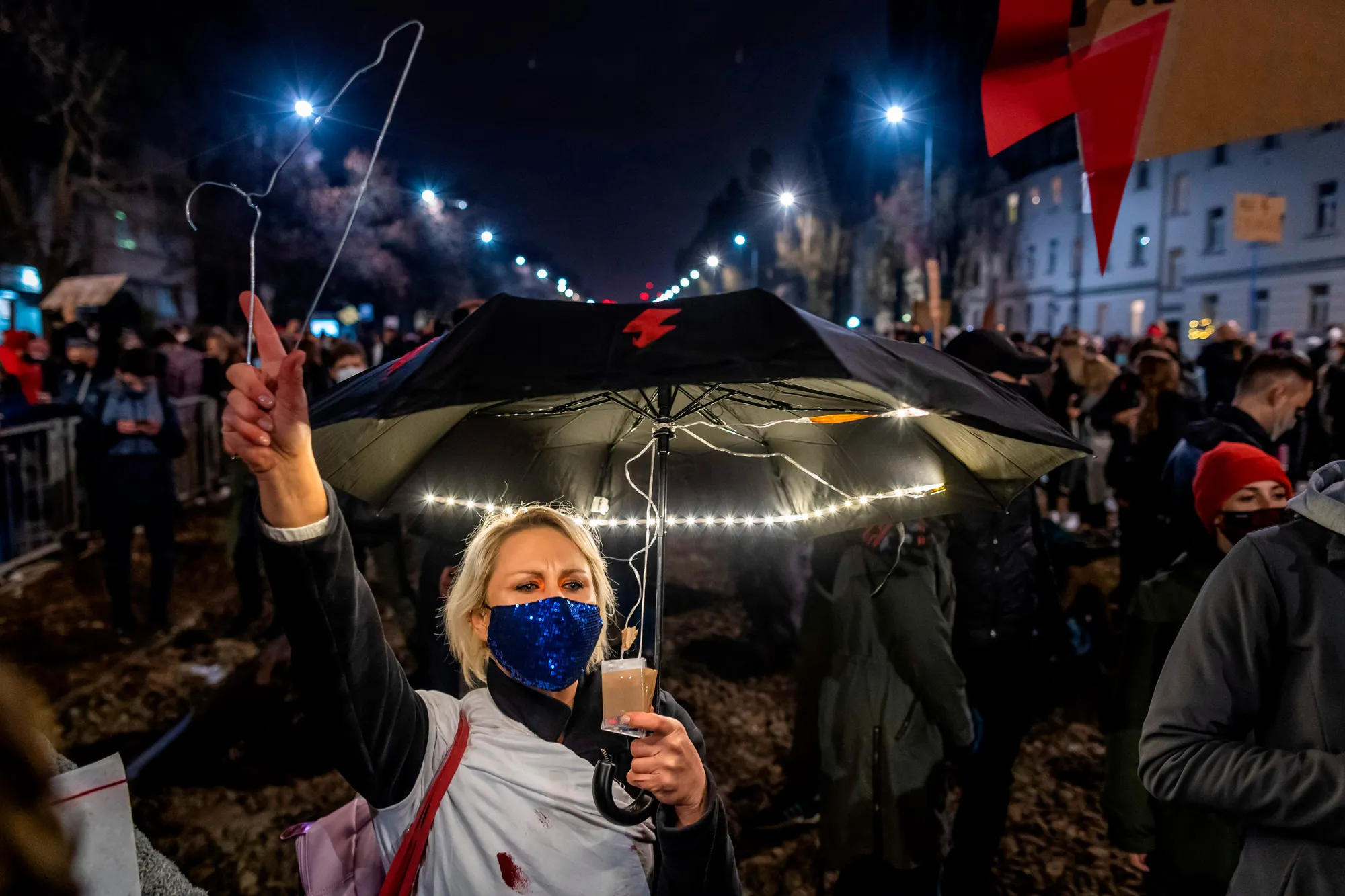 Pro-choice potesters march outside Jaroslaw Kaczynski’s residence in Warsaw on Friday.