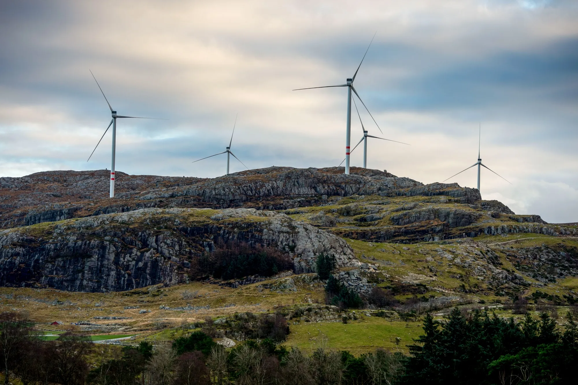 Onshore wind turbines in Sviland, Norway.