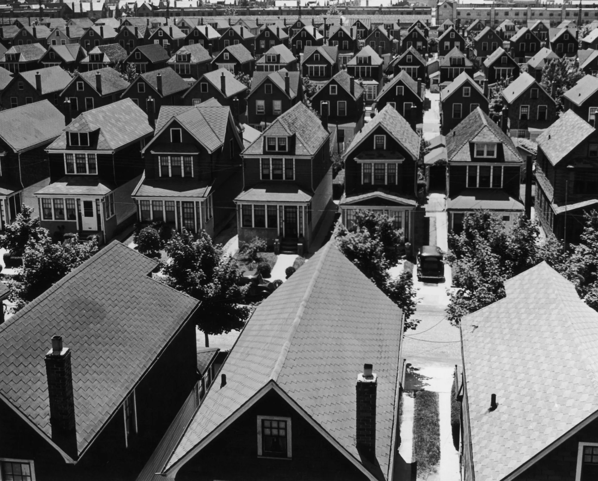 An aerial view of a suburban housing development in Rego Park, Queens, New York, circa 1935.
