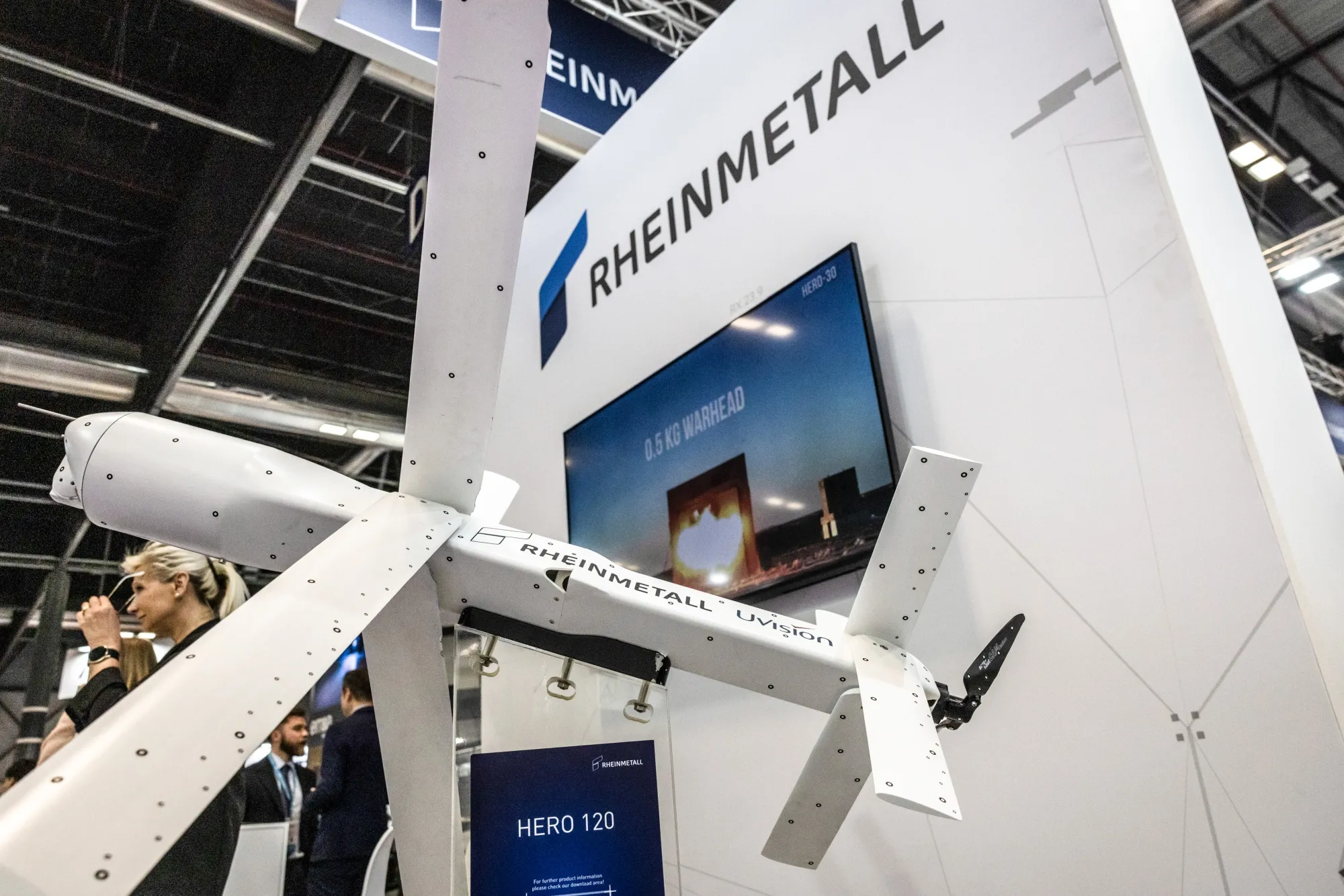 A HERO-120 loitering munition system at the Rheinmetall AG stand during a defense exhibition, in Madrid.