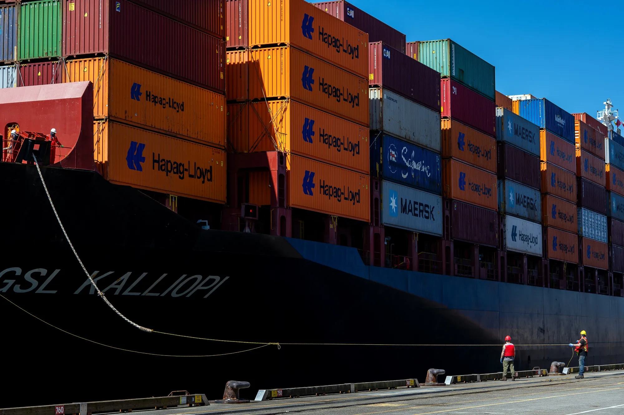 A container ship at the Fairview Container Terminal in the Port of Prince Rupert in Prince Rupert, British Columbia, Canada.