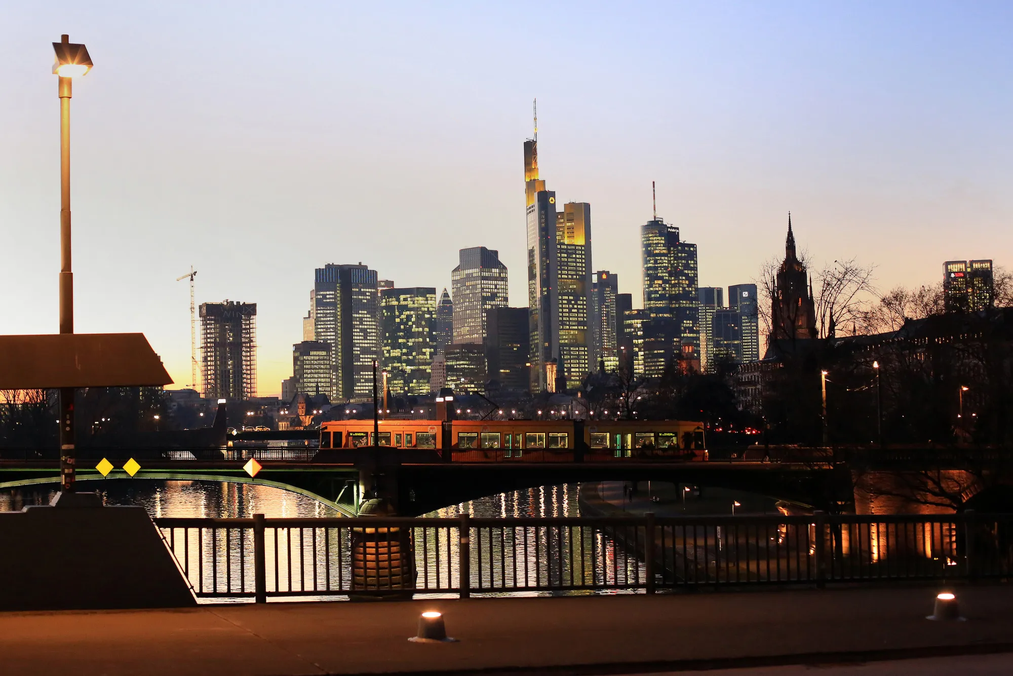 Skycrapers&nbsp;at dusk in Frankfurt.