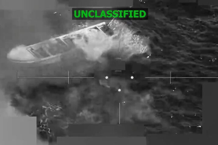 An image of a boat struck by the US military in the Eastern Pacific, in a video released by US Southern Command, on Dec. 15.