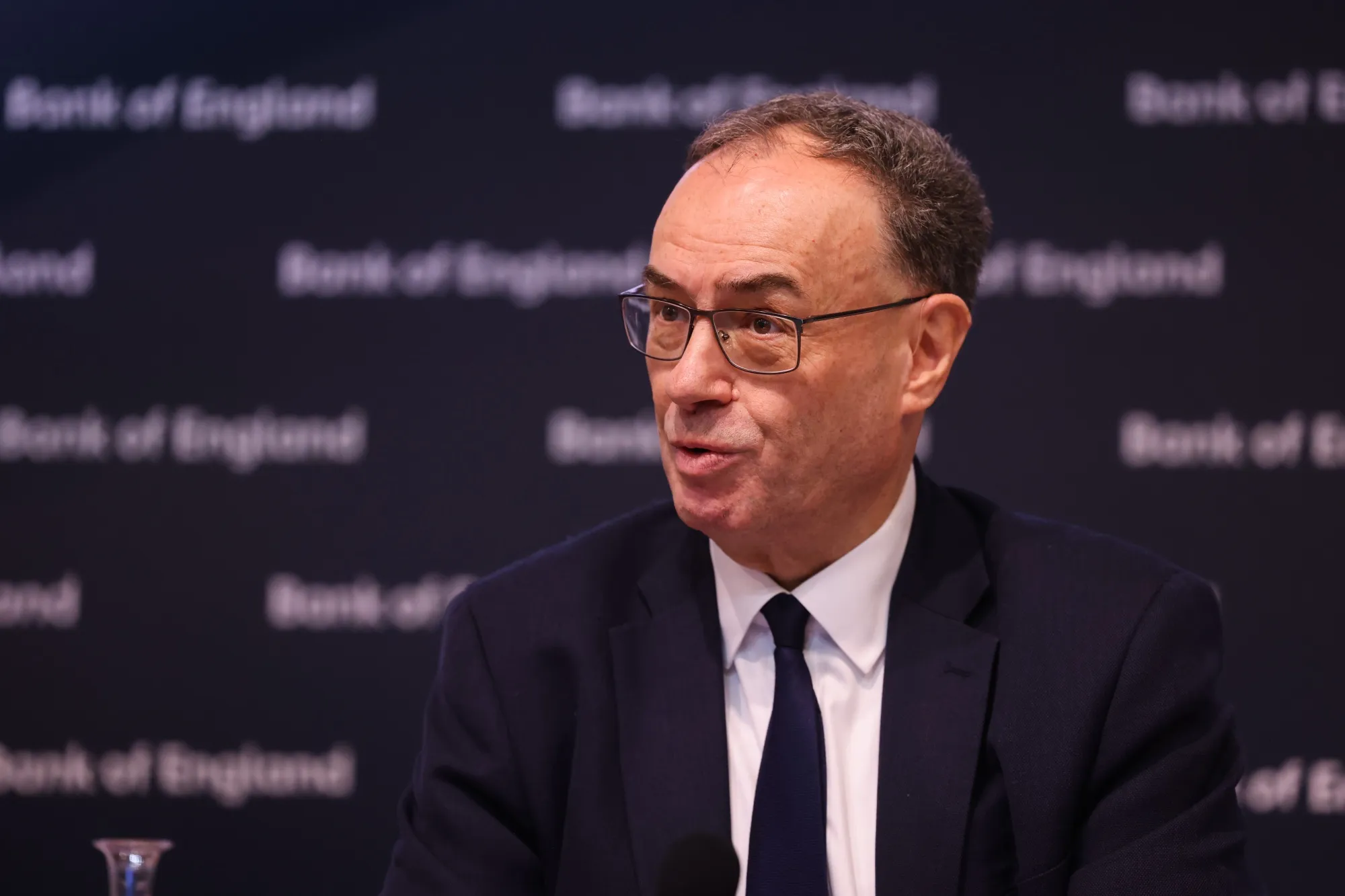 Governor of the Bank of England Andrew Bailey during a monetary policy report news conference at the central bank's headquarters in London.