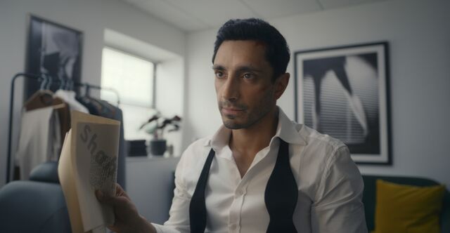 Riz Ahmed as Shah Latif in Bait, auditioning to be the next James Bond. 
