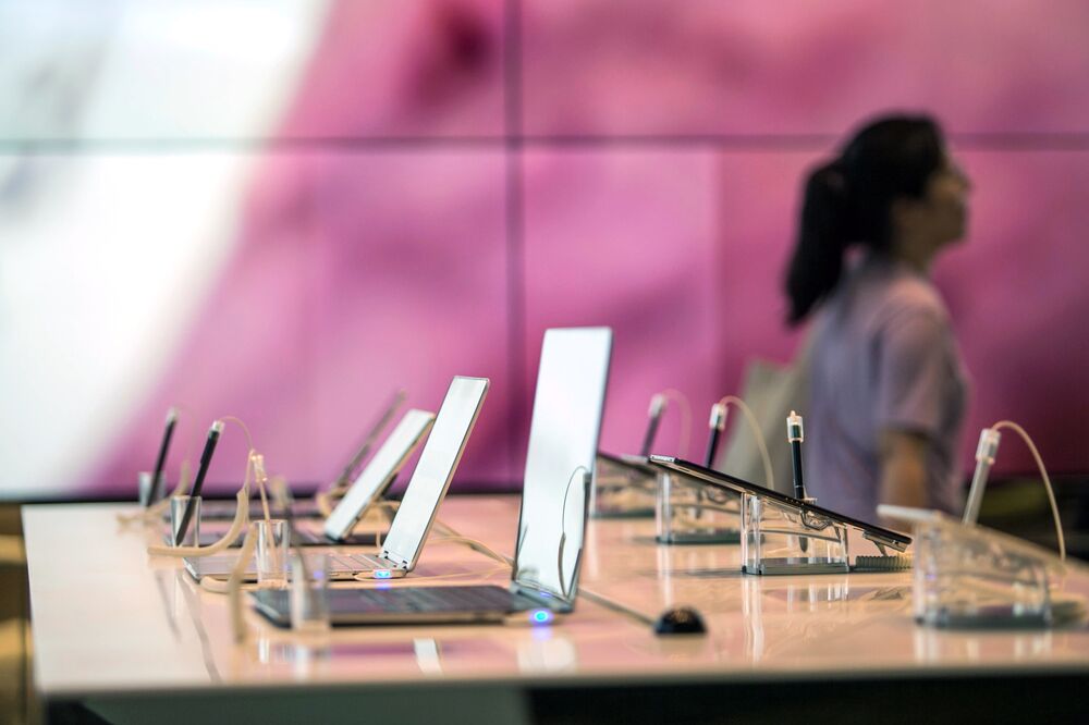 Samsung Electronics Co.'s laptops and tablet computers are displayed at a store inside the company's headquarters in Seoul, South Korea.