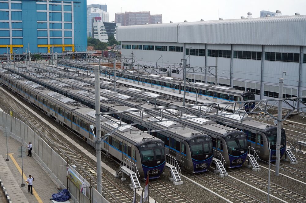 Jakarta Mass Rapid Transit (MRT) trains parked at Lebak Bulus Station in Jakarta.