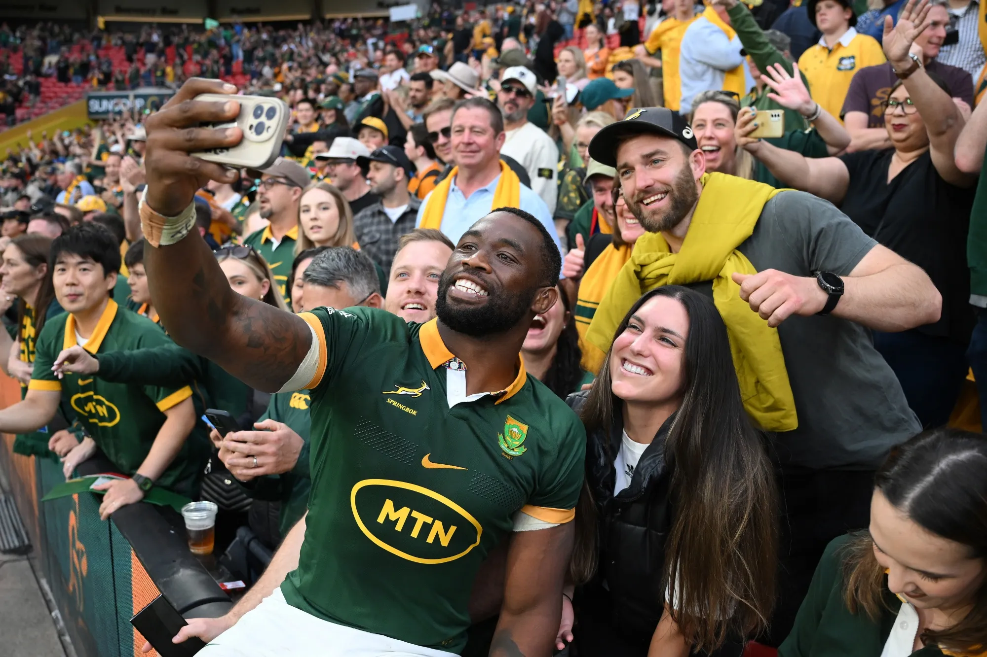 Siya Kolisi of the Springboks takes a photo with fans after The Rugby Championship match against the Australia Wallabies&nbsp;in Brisbane, Australia, in August.