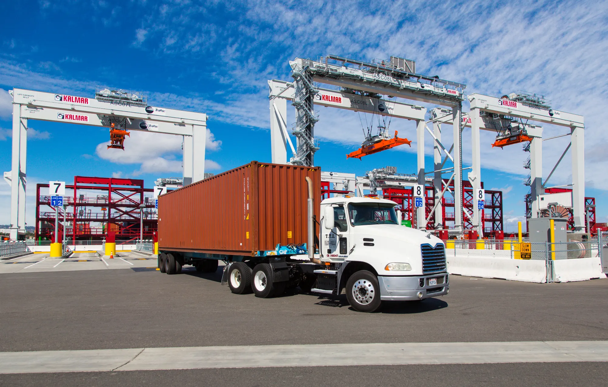 A truck leaves a shipping terminal at the Port of Los Angeles in Los Angeles.
