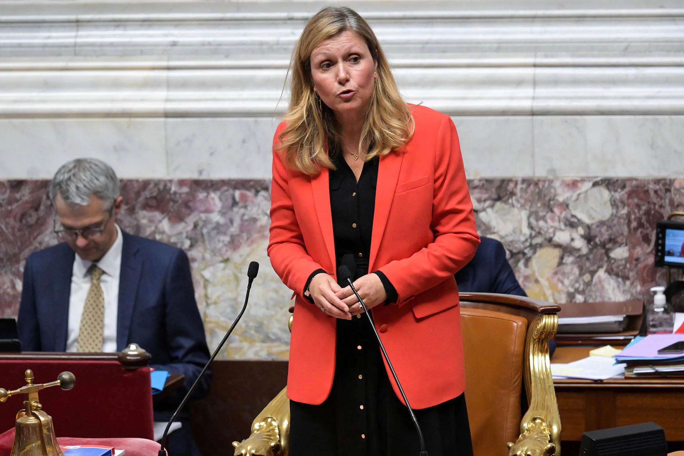 Yael Braun-Pivet delivers a speech after being reelected as lower house president at the National Assembly in Paris on July 18.