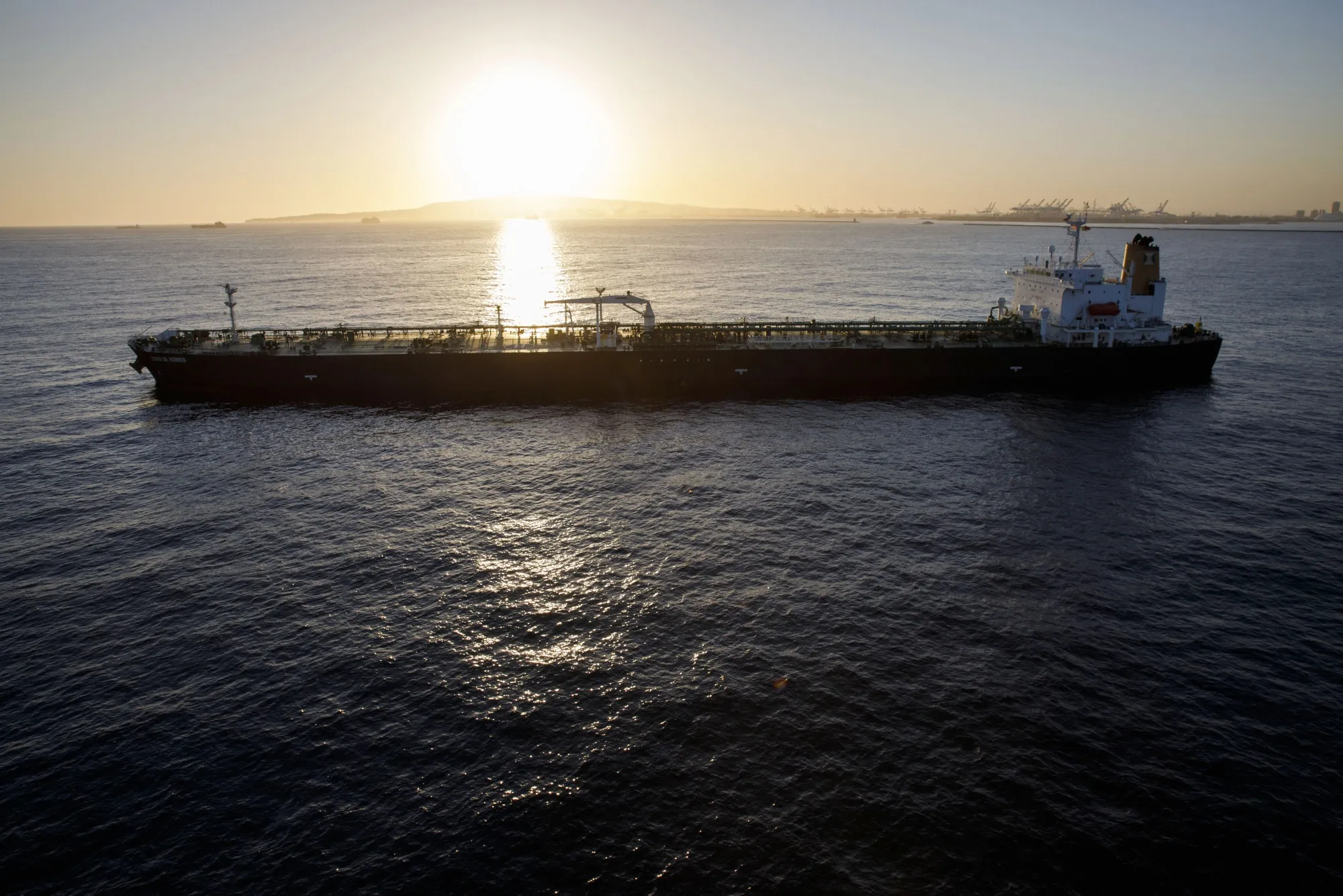 An oil tanker anchored in the Pacific Ocean.