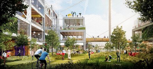 The project’s most distinctive feature is an artificial sky made of four enormous glass canopies.