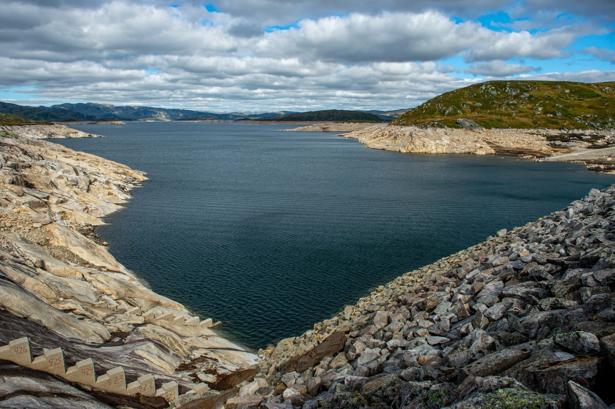 Low water levels at&nbsp;the Roskreppfjorden dam in Sirdal, Norway.