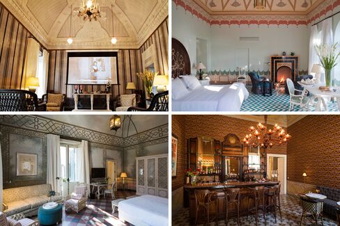 Clockwise from top left: The salon's chandelier can be raised and a screen lowered transforming it into a cinema where you can watch Copolla's personally curated collection of Italian films; Francis’s room at the Palazzo with Tunisian patterns that pay tribute to his grandmother’s heritage; The Coppola family loves to gather for nightcaps in the Palazzo's private Family Bar, which has a Murano glass chandelier and a bar salvaged from a salon in Turin; A suite designed with inspiration from Sofia Coppola.