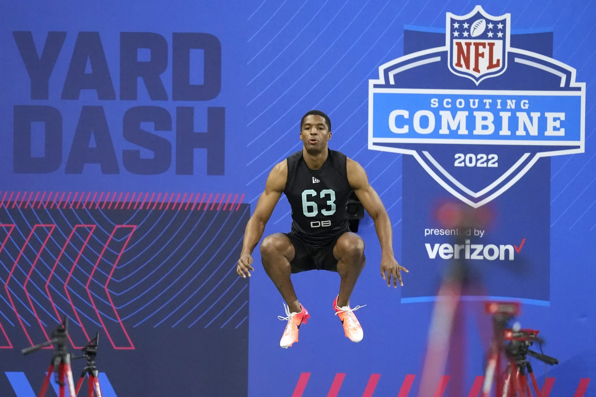 Baylor defensive back JT Woods prepares to run the 40-yard dash at the NFL football scouting combine, Sunday, March 6, 2022, in Indianapolis. Indianapolis will be keeping the NFL scouting combine for the next two years. At the owners meetings in Atlanta on Tuesday, May 24, 2022, the city that has staged the winter event since 1987 for players entering the draft was granted hosting rights for 2023 and 2024. This was the first time the NFL put the combine up for bidding, with Dallas and Los Angeles also seeking to hold the combine. (AP Photo/Charlie Neibergall, File)