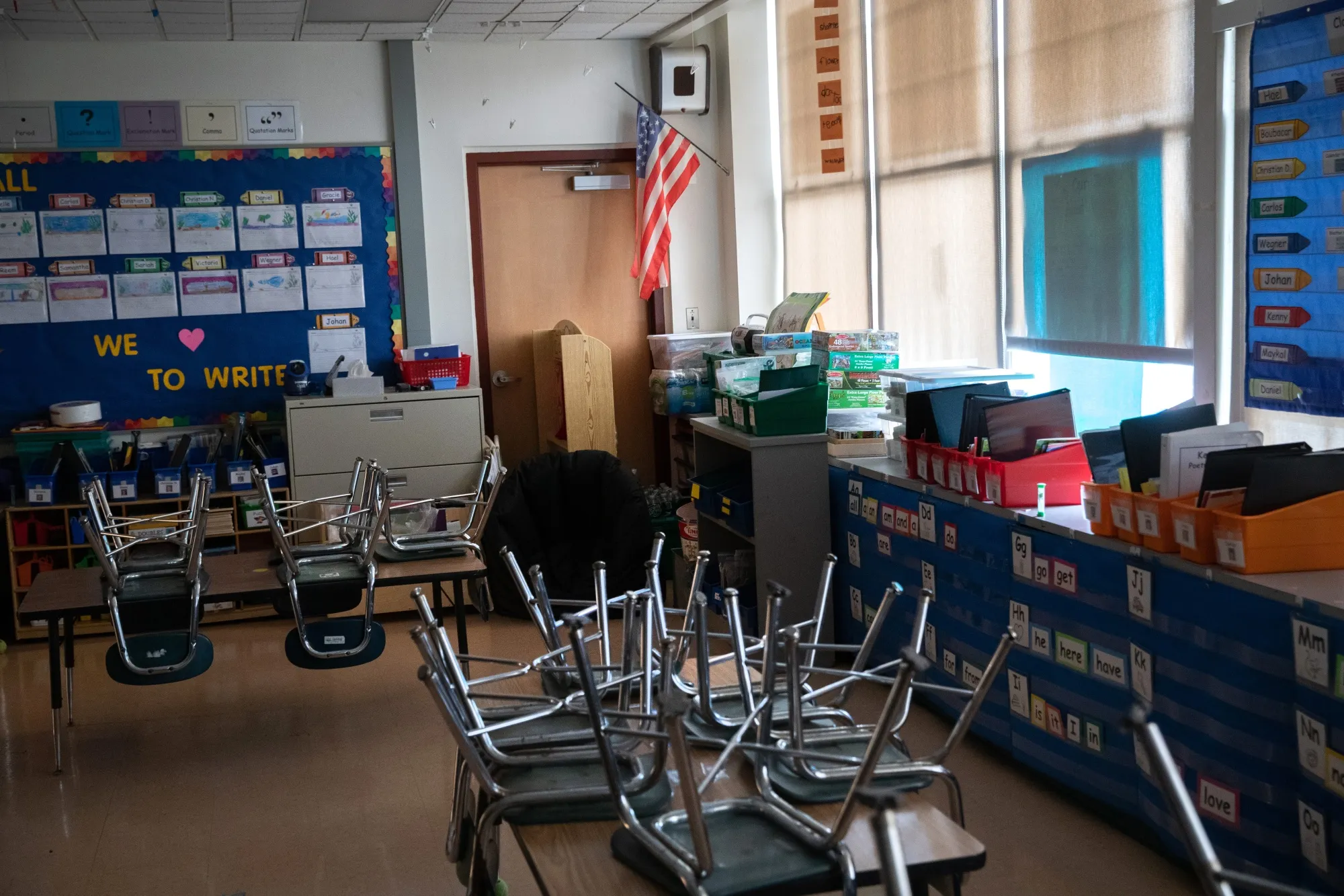 An empty kindergarten classroom at a closed school in Stamford, Connecticut