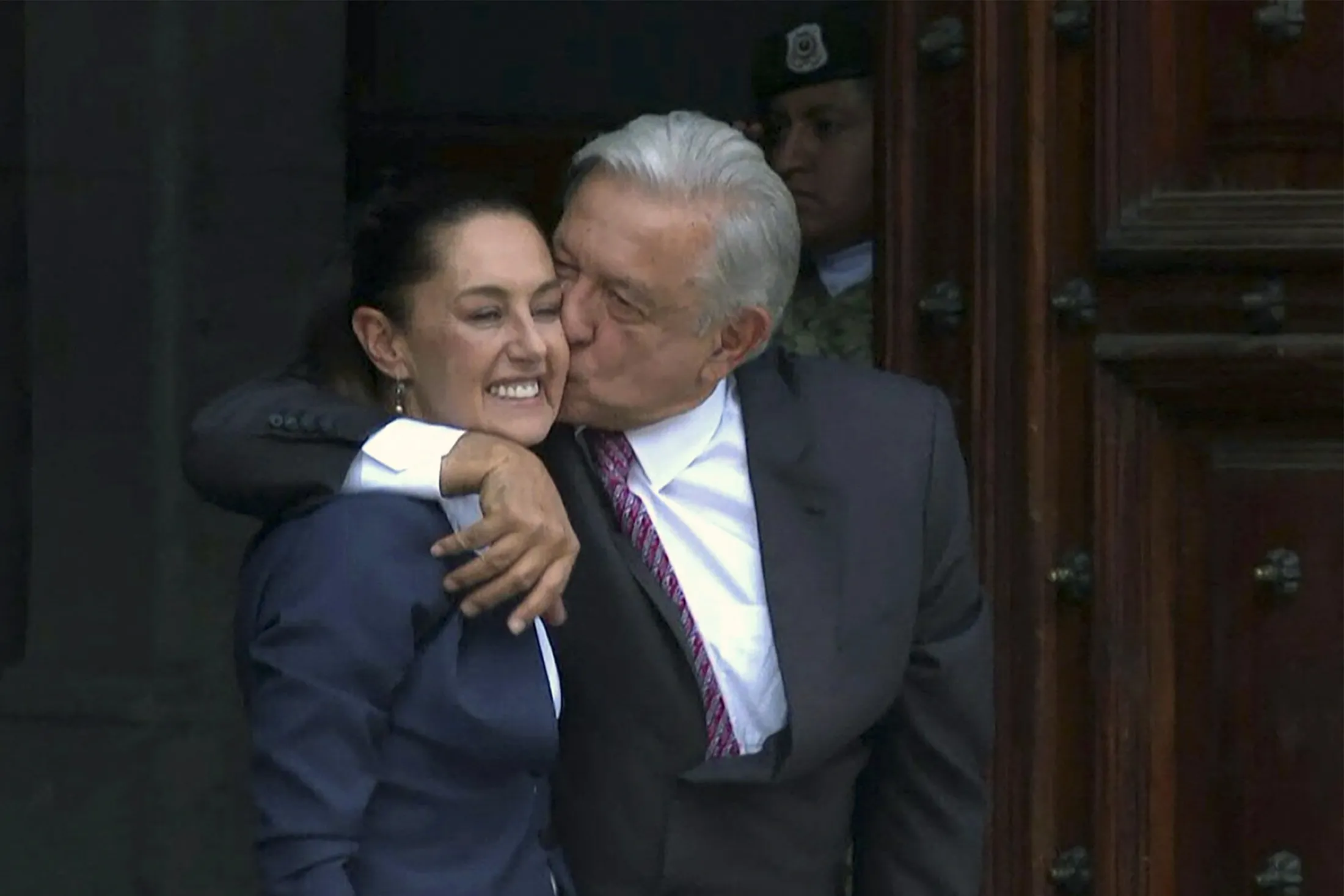 Outgoing Mexican President Andres Manuel Lopez Obrador with&nbsp;President-elect Claudia Sheinbaum in Mexico City on June 10.