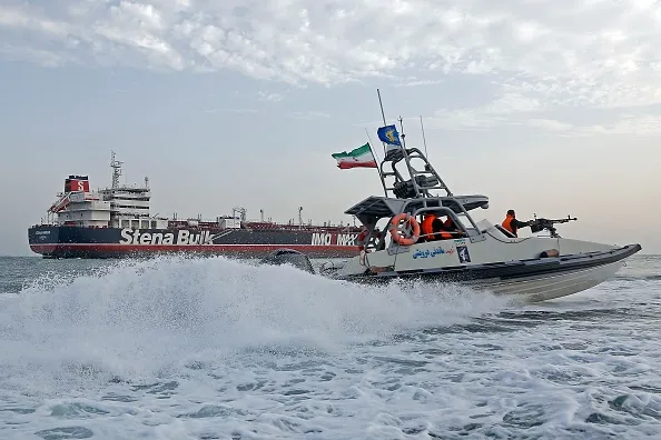 Iranian Revolutionary Guards patrolling around the British-flagged tanker Stena Impero.