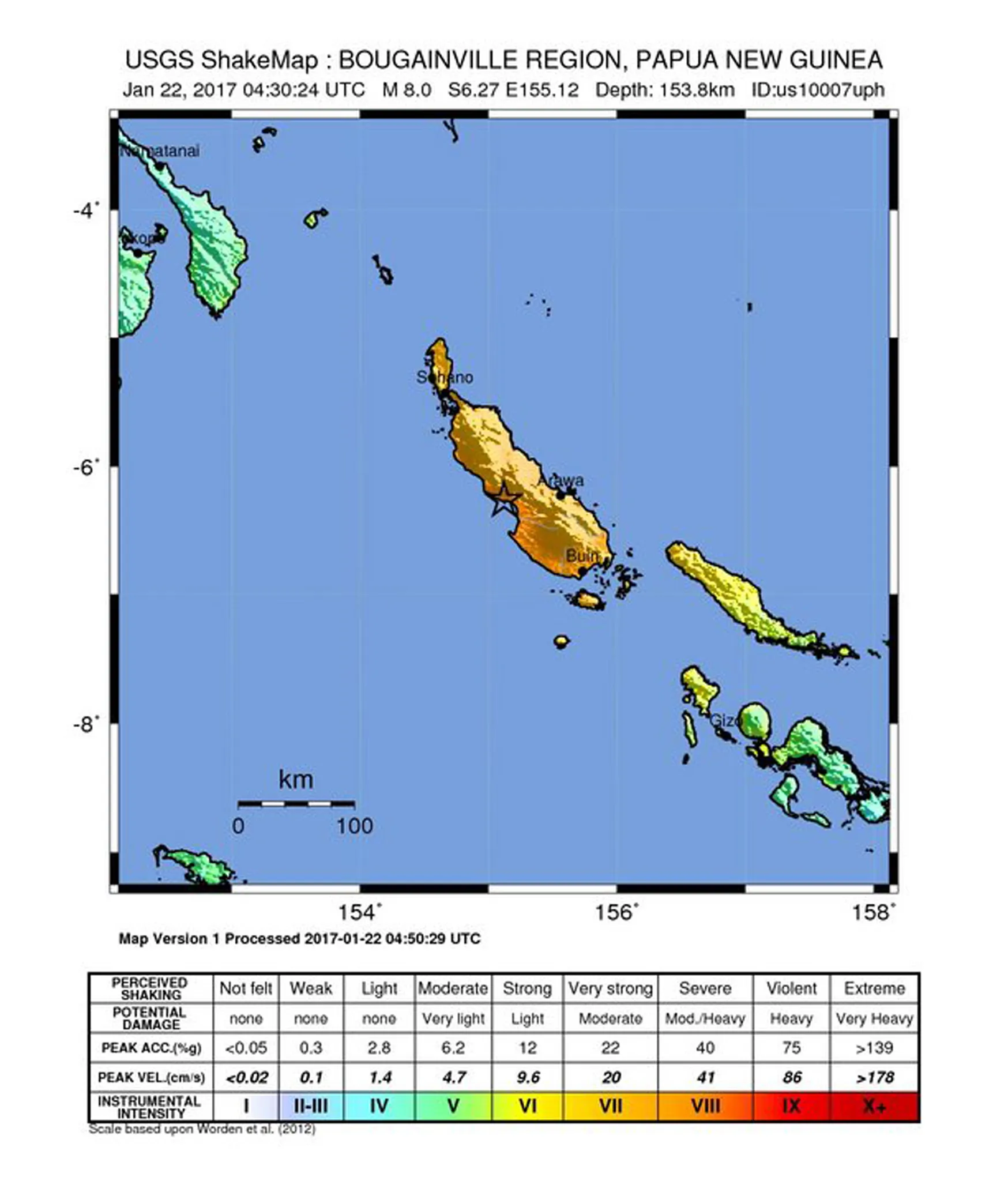 A handout photo made available by the United States Geological Survey shows the location of a 8.0 magnitude earthquake that took place at 04:30 local time on the west coast of Bougainville Island, Papau New Guinea, on Jan. 22, 2017.
