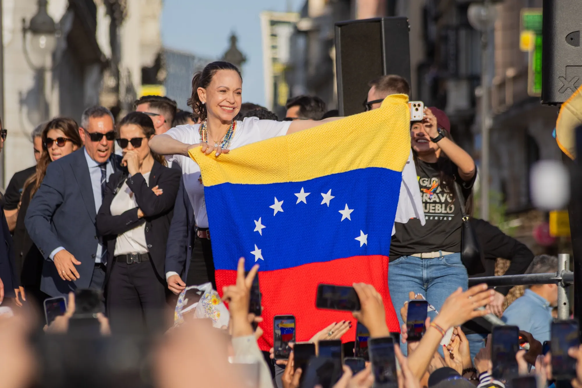 María Corina Machado attends a rally in Madrid on April 18.