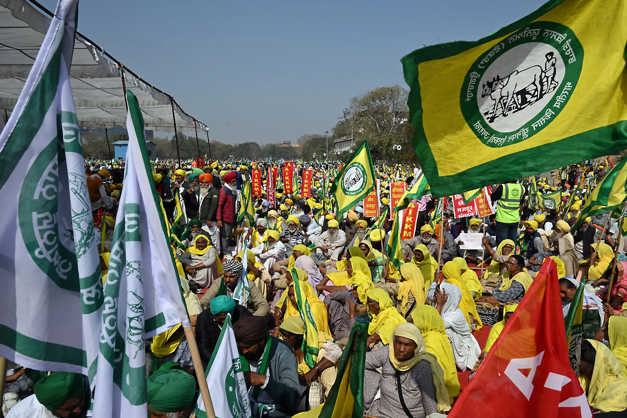Demonstrators during a protest organized by farmers at Ramlila Maidan in New Delhi, on March 14.