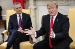 President Donald Trump, right, speaks while meeting with Jens Stoltenberg, secretary general of NATO, in the Oval Office on April 2.