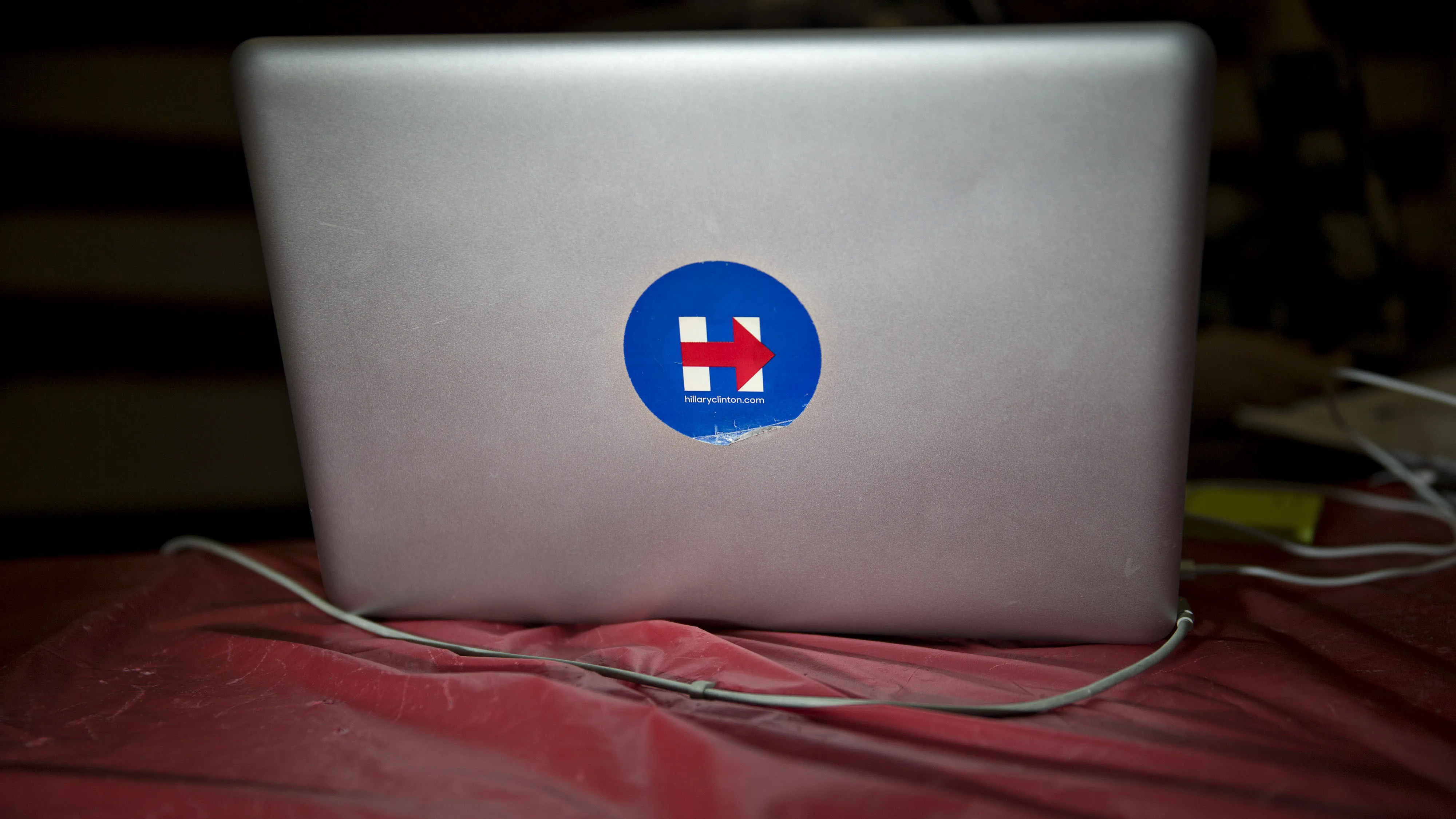 A campaign sticker for Hillary Clinton is seen on a laptop computer at the Clinton campaign field office in Portsmouth, New Hampshire, on Feb. 4, 2016.
