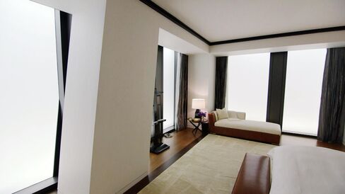 Inside a model bedroom at the 53W53 sales gallery.