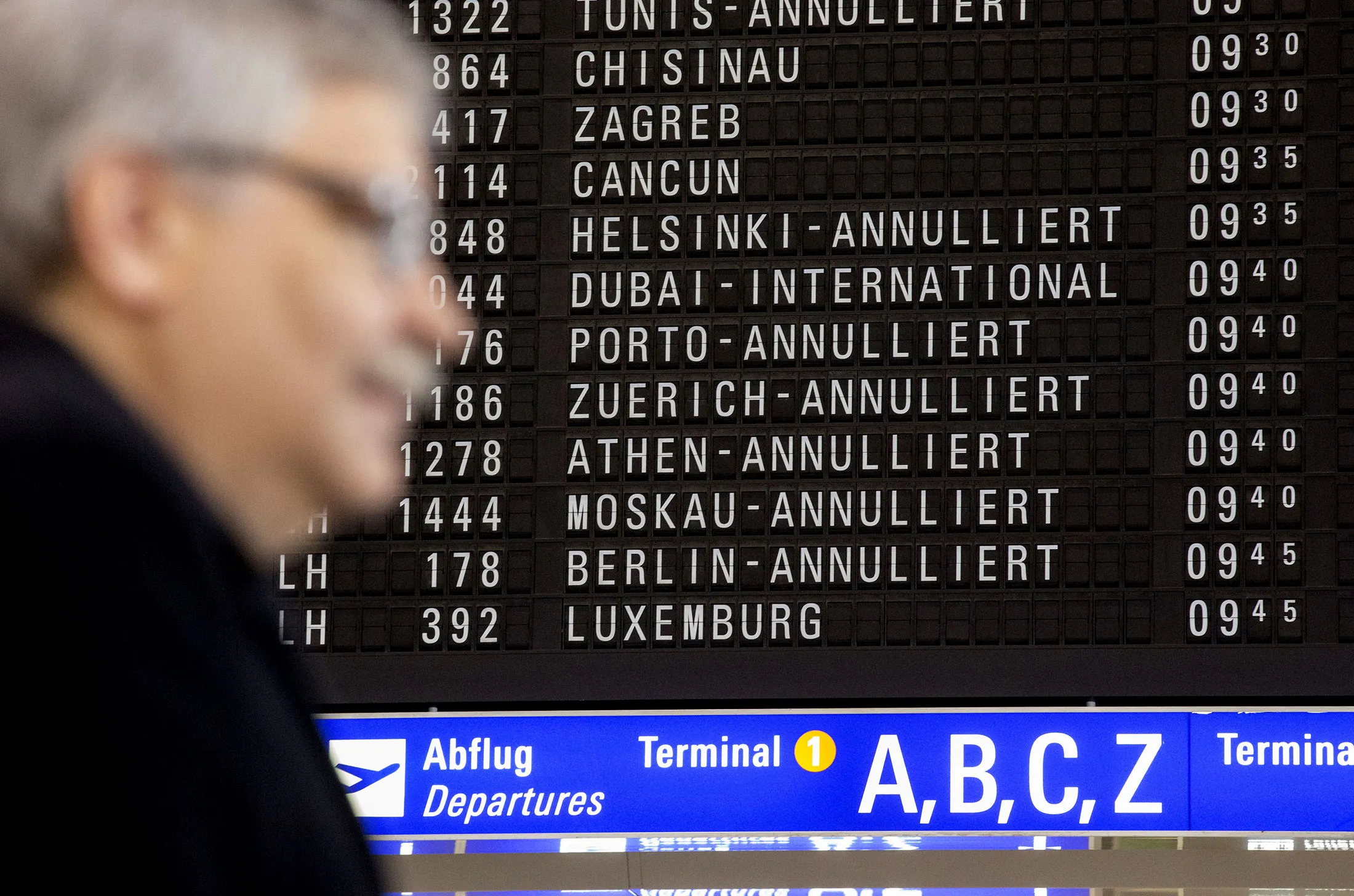 A flight departure board shows canceled Lufthansa flight information at Frankfurt Airport on Nov. 23.
