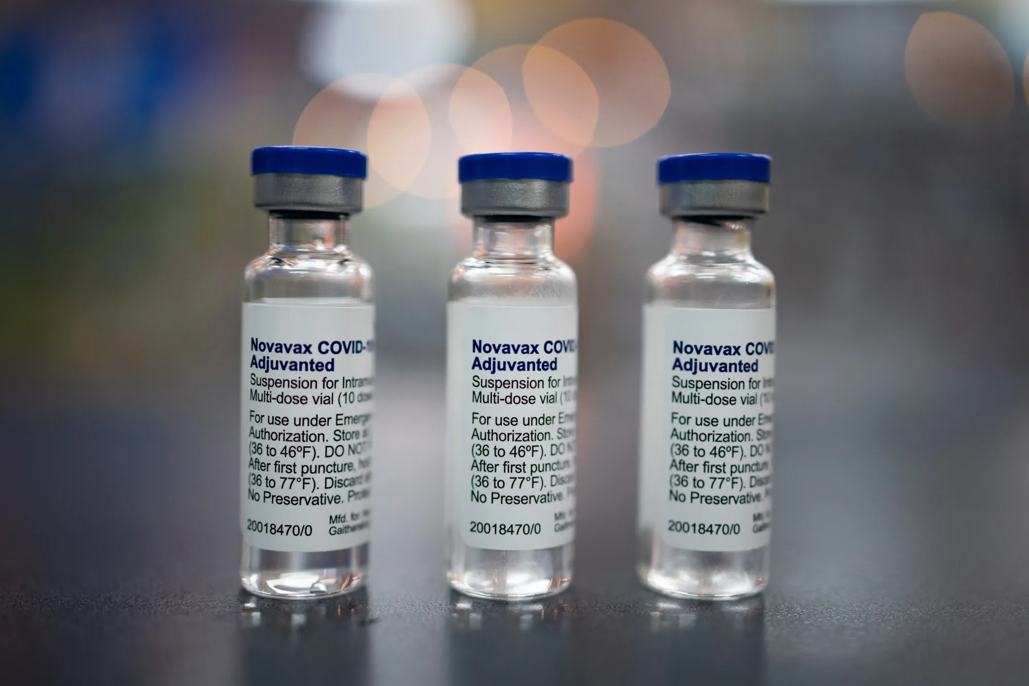 Vials of Novavax Covid-19 vaccines.