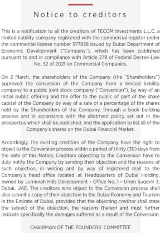 Dubai Business Park Operator Tecom Plans Book-Build IPO