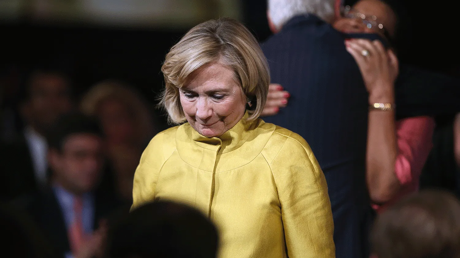 Former U.S. Secretary of State Hillary Clinton leaves the stage after the closing session of the Clinton Global Initiative (CGI), on September 24, 2014 in New York City. The annual meeting, established in 2005 by former President Bill Clinton, convenes global leaders to discuss solutions to world problems.
