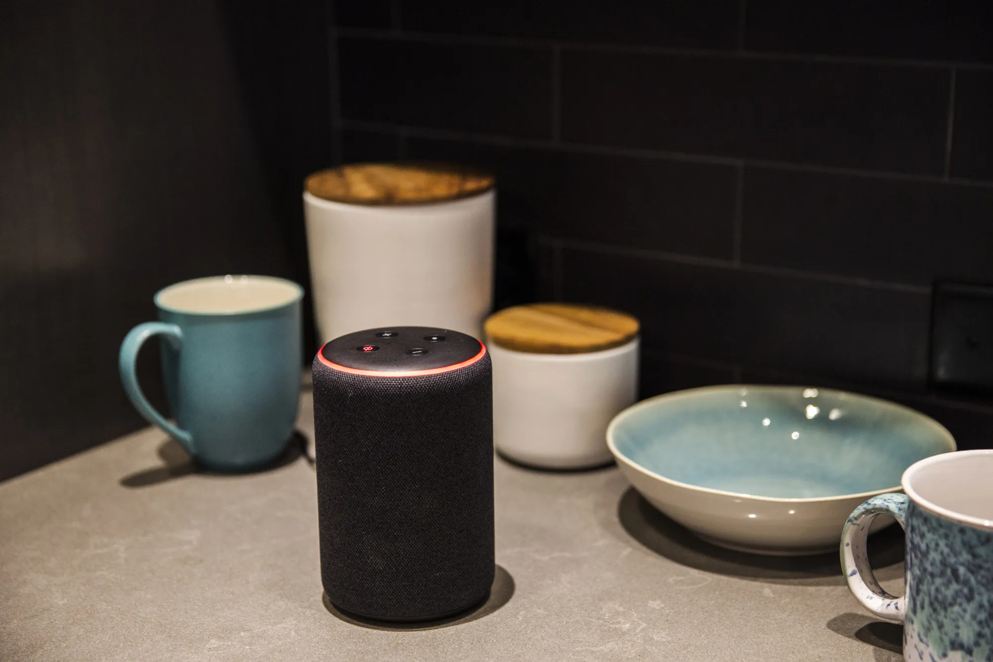 An Amazon Echo Plus smart speaker.