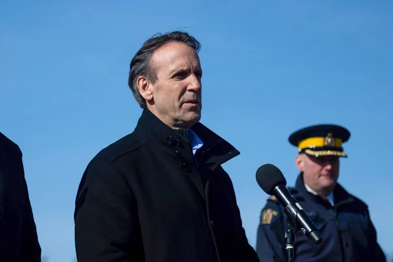 Canada's fentanyl czar Kevin Brosseau, center, during a press conference in Lansdowne, Ontario.