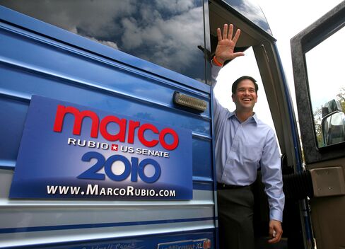 Marco Rubio talks to supporters in Orlando on a a four-day, 14-city statewide campaign bus tour for his 2010 Senate campaign.