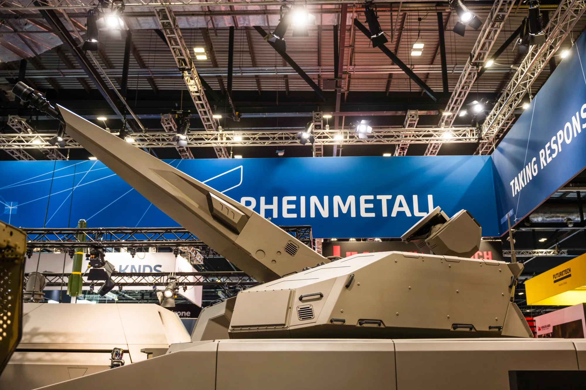 The Rheinmetall stand the 2025 Defence and Security Equipment International exhibition in London on Sept. 10.&nbsp;