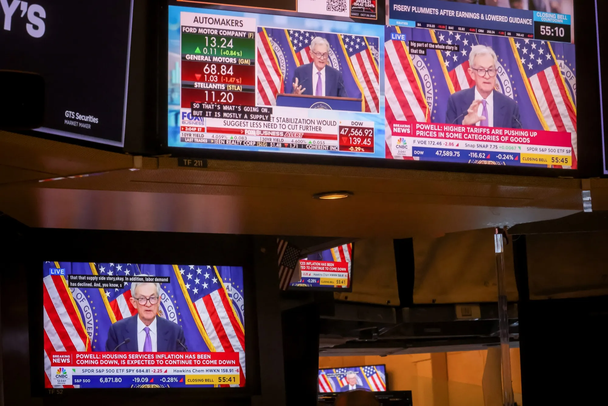 A television station broadcasts Jerome Powell, chairman of the US Federal Reserve, speaking after a Federal Open Market Committee (FOMC) meeting on the floor of the New York Stock Exchange.