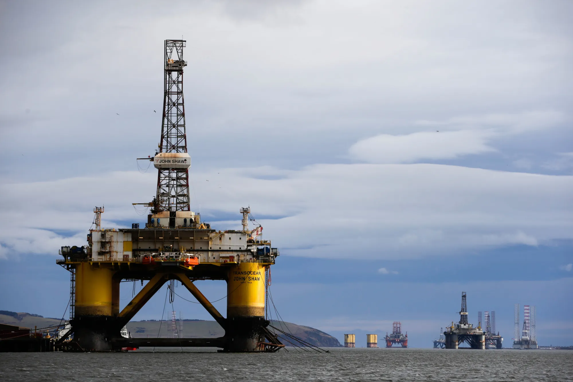 A Transocean oil platform in the Port of Cromarty Firth in Cromarty, UK.