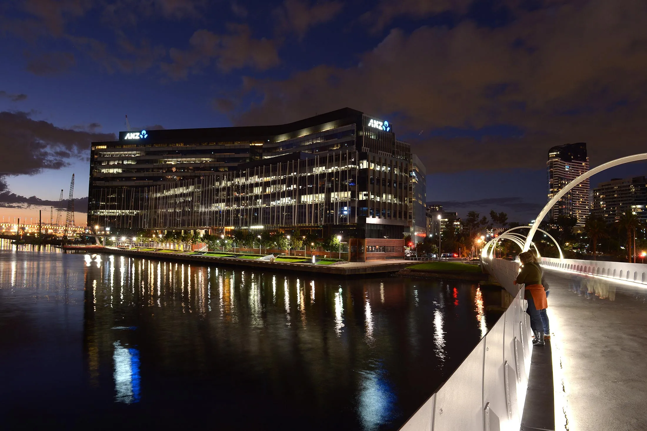 The Australia &amp; New Zealand Banking Group Ltd. headquarters stands on the bank of the Yarra River at night in Melbourne, Australia, on Friday, May 1, 2015.
