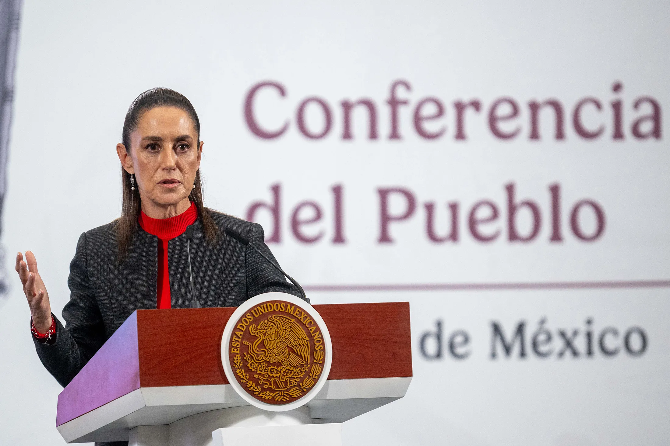 Claudia Sheinbaum speaks during the daily press briefing at Palacio Nacional in Mexico City on July 10.