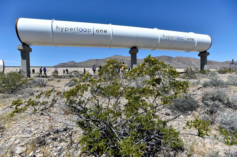 Hyperloop tubes are displayed during the first test of the propulsion system at the Hyperloop One Test and Safety site on May 11, 2016 in North Las Vegas, Nevada. 