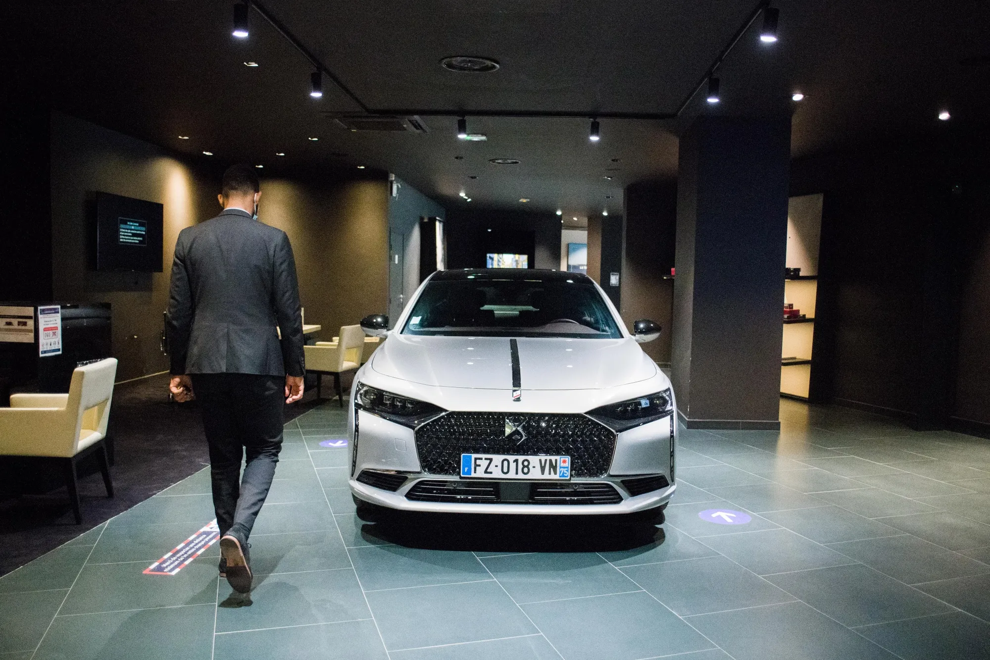 A DS automobile in a Citroen showroom in Paris.