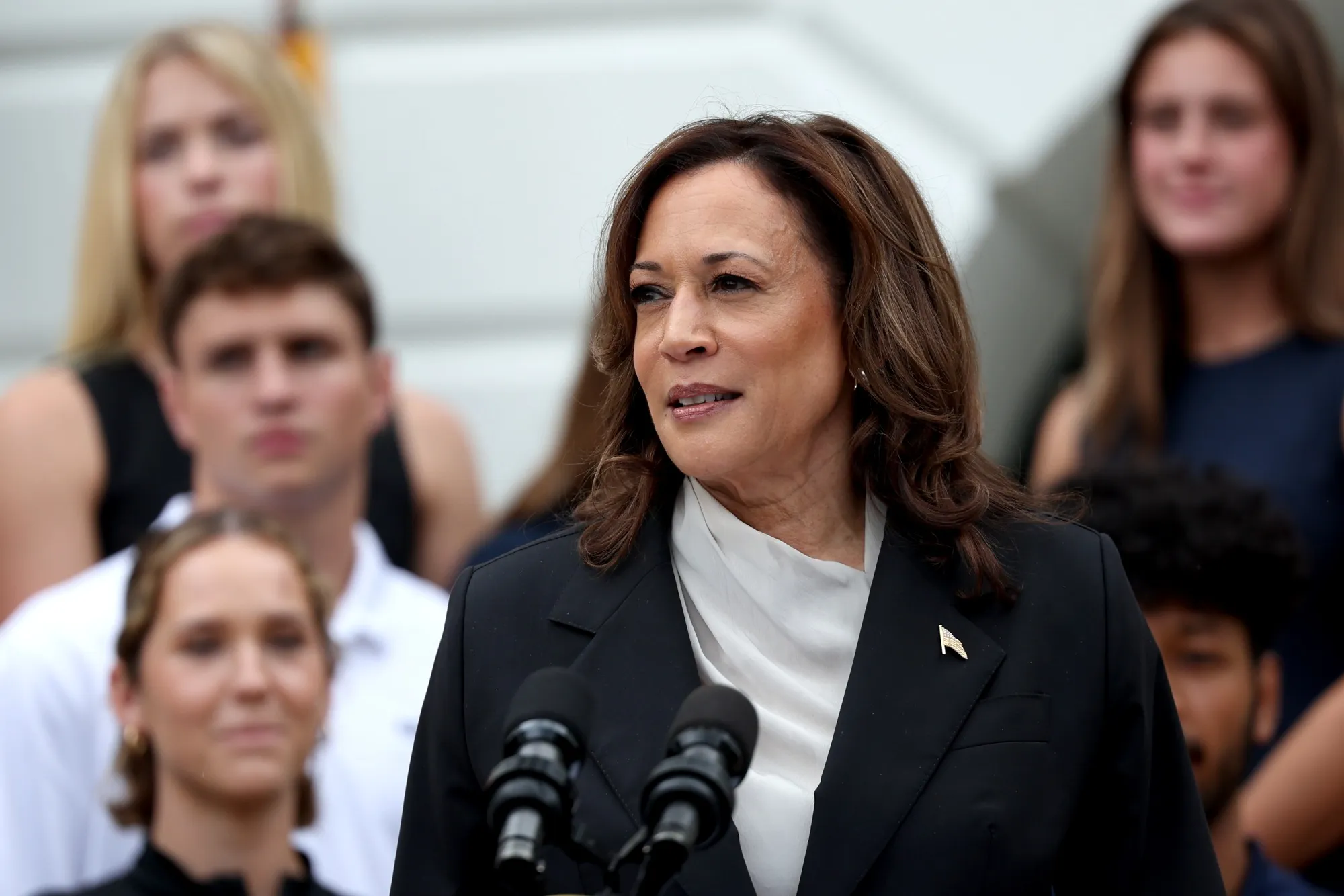 Kamala Harris speaks at the White House in Washington, DC.