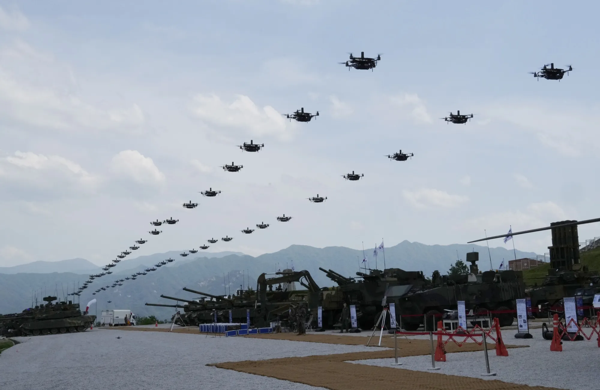 The South Korean army’s drones fly during South Korea-US joint military drills in Pocheon on May 25.