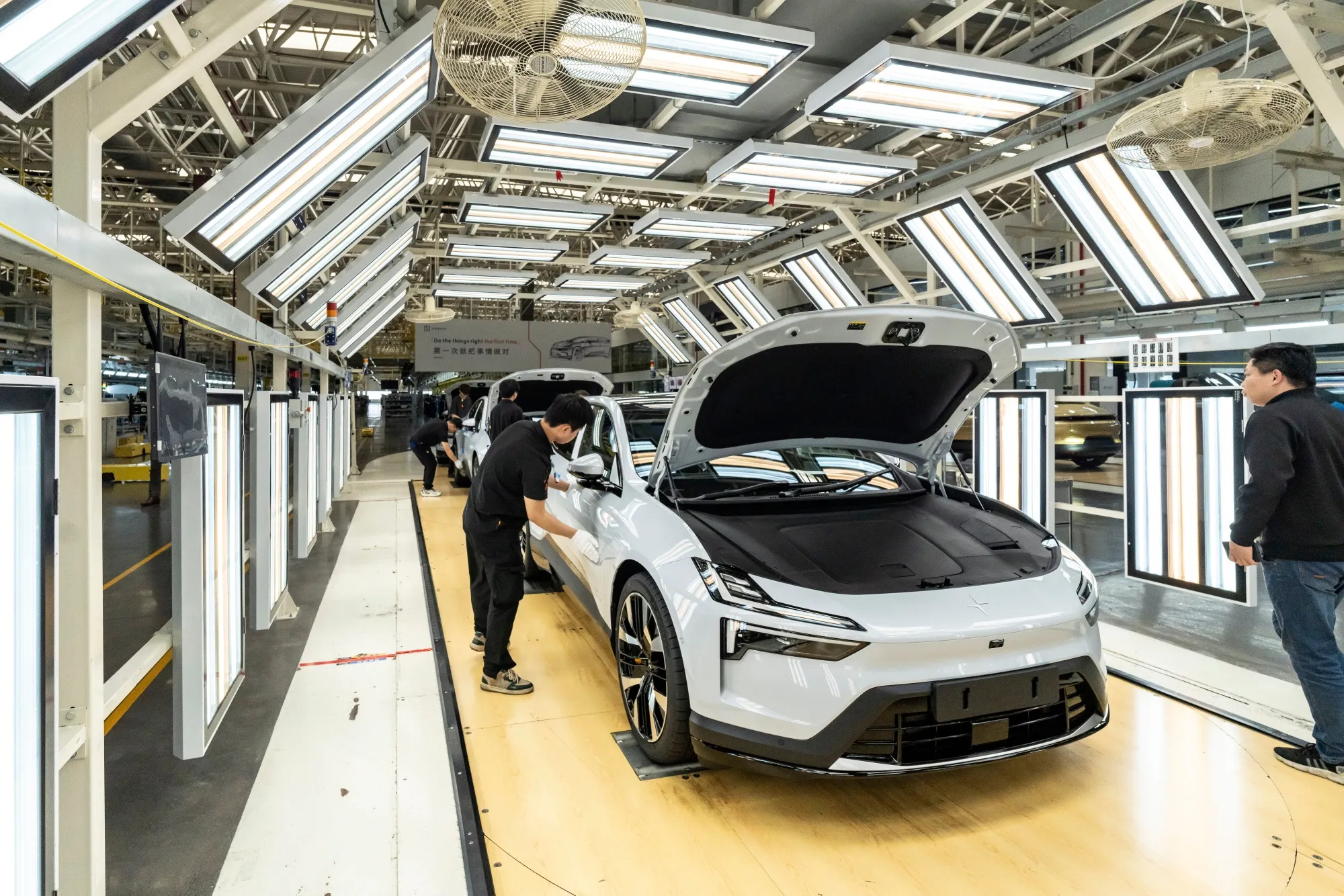 An employee on a production line for the Polestar 4&nbsp;in Ningbo, China.